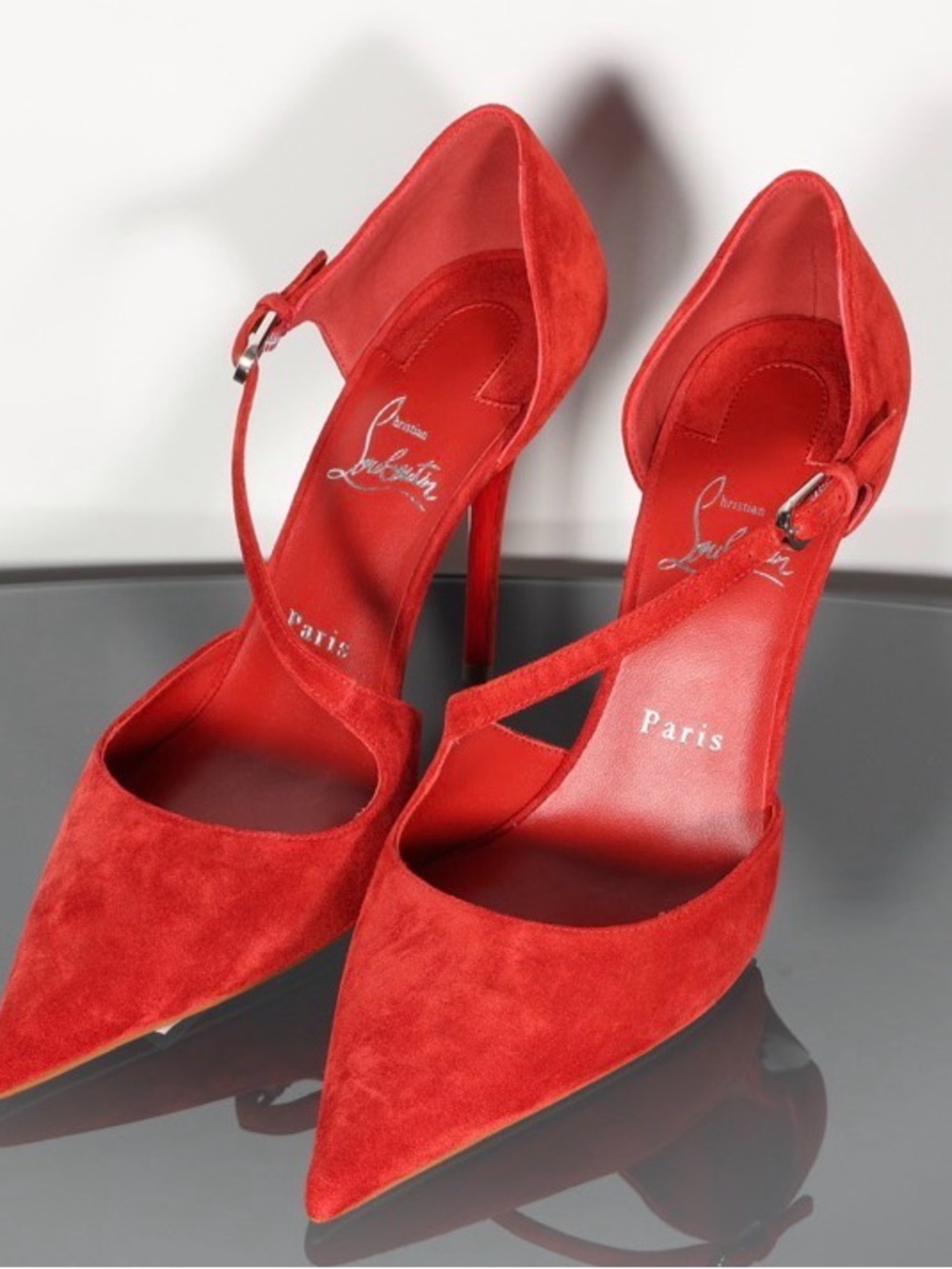 Christian Louboutin Red Suede Pointed-Toe Crisscross Ankle-Strap Pumps